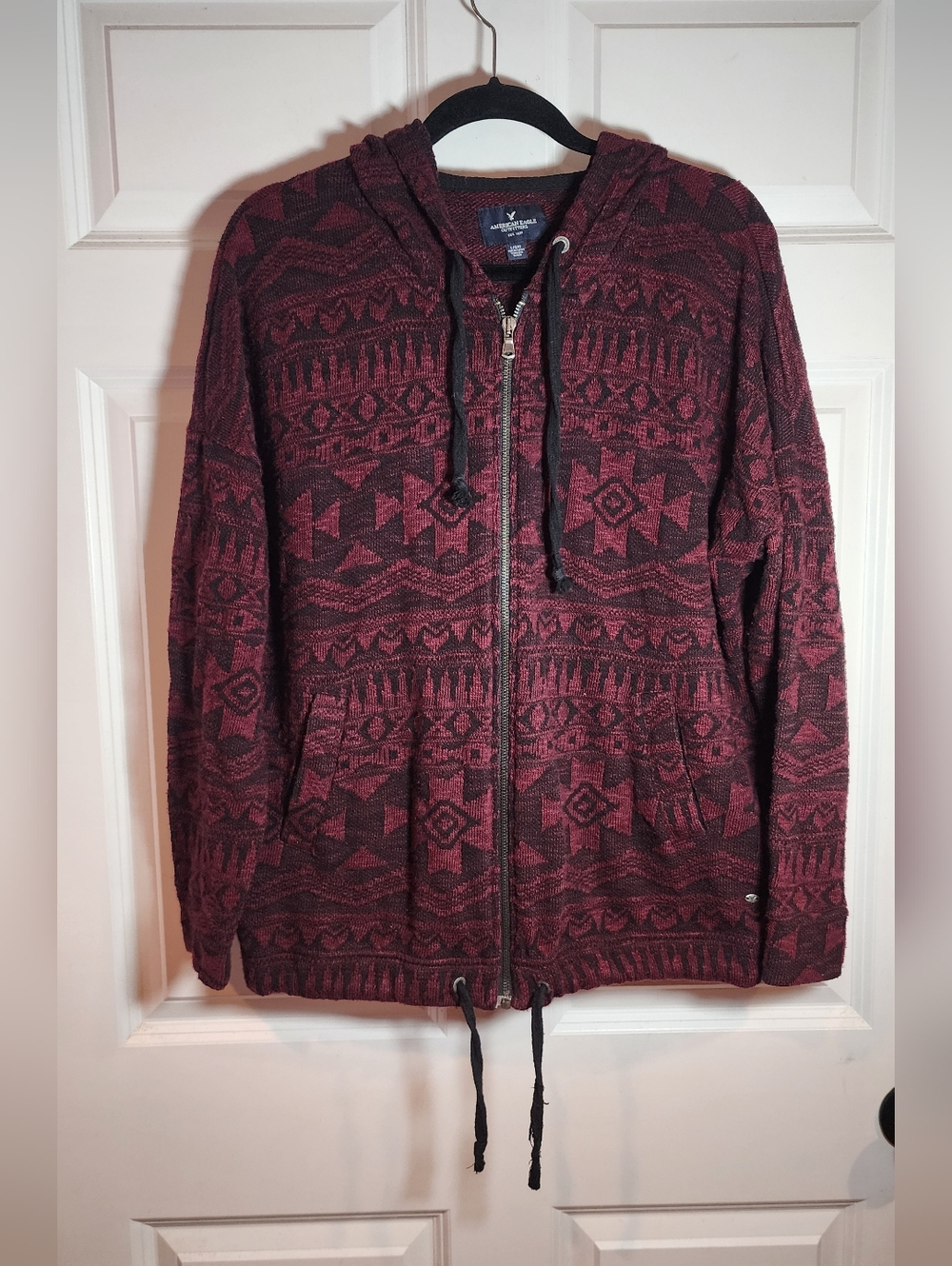 American Eagle Burgundy Black Knit Zip-Up Hoodie Tied Hem Large